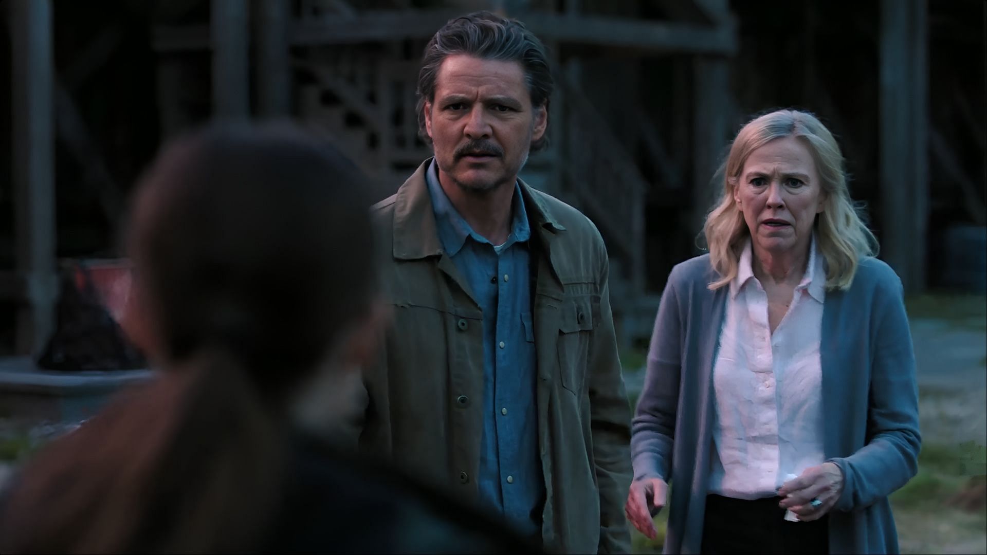 Joel and Gail react in shock after Eugene’s fate is revealed in Episode 6 of The Last of Us season 2. (Image via Hulu)
